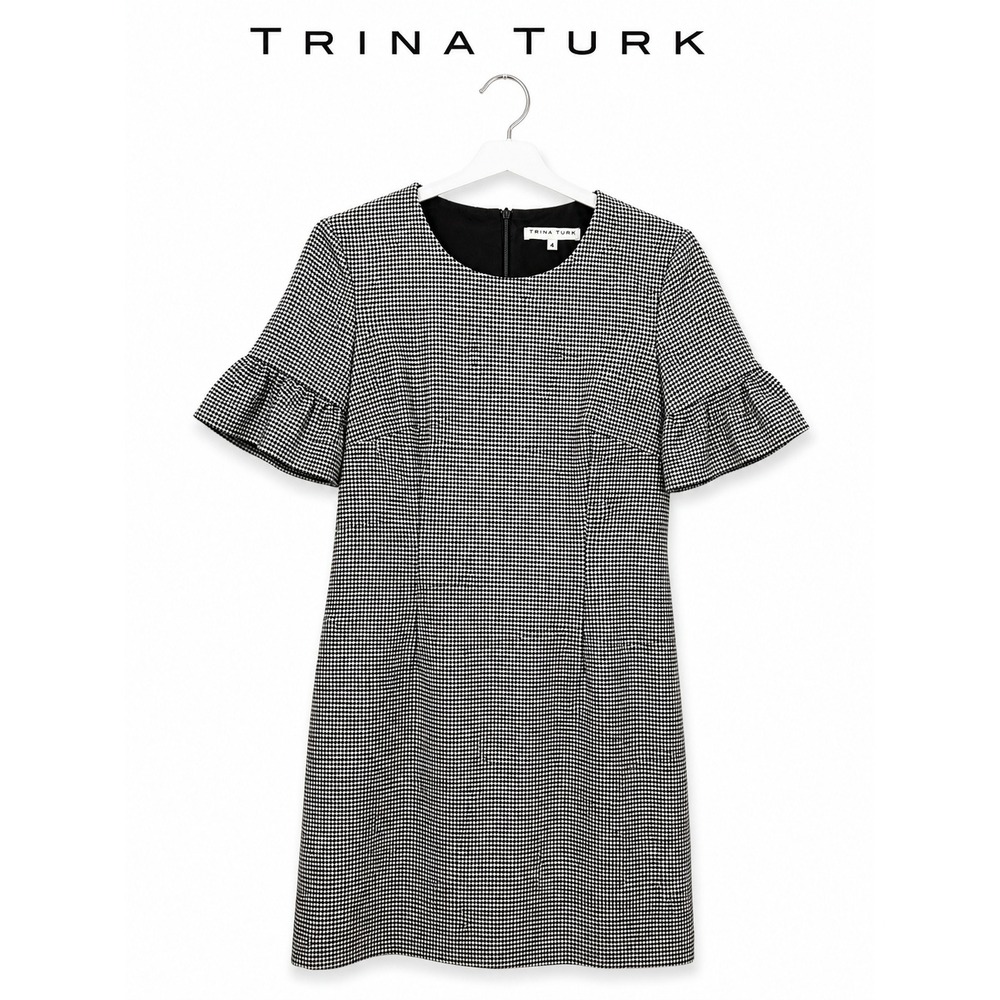 Trina Turk Black & White Houndstooth Shift Dress Ruffle Sleeve Size 4 Chic